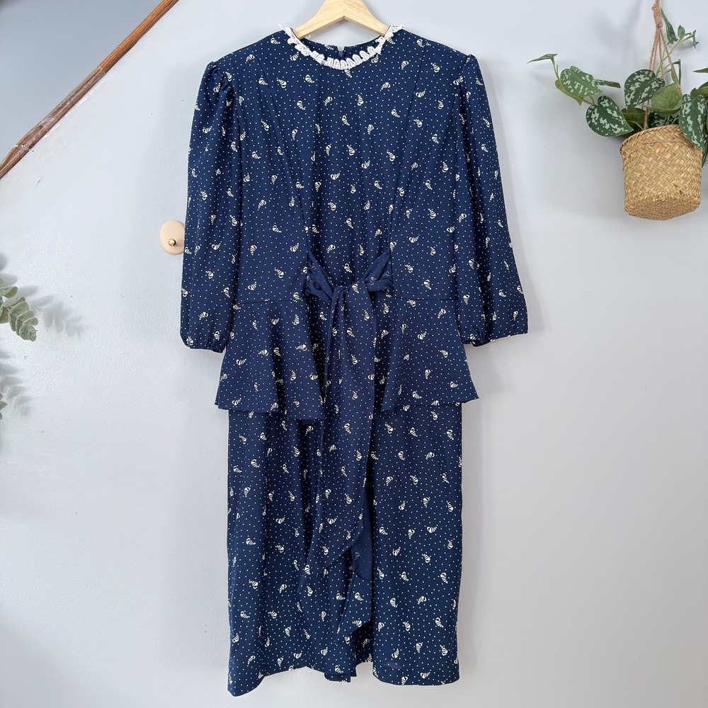 Earth Angel Peplum Dress Navy Coastal Vtg White Polka Dot Midi Long Sleeve Lace